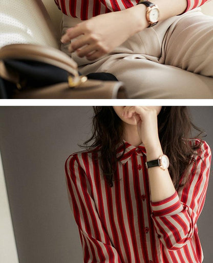 French Style Fashion Spring Shirts New Women's Polo-Neck Striped Single Breasted Simplicity Versatile Loose Long Sleeve Tops