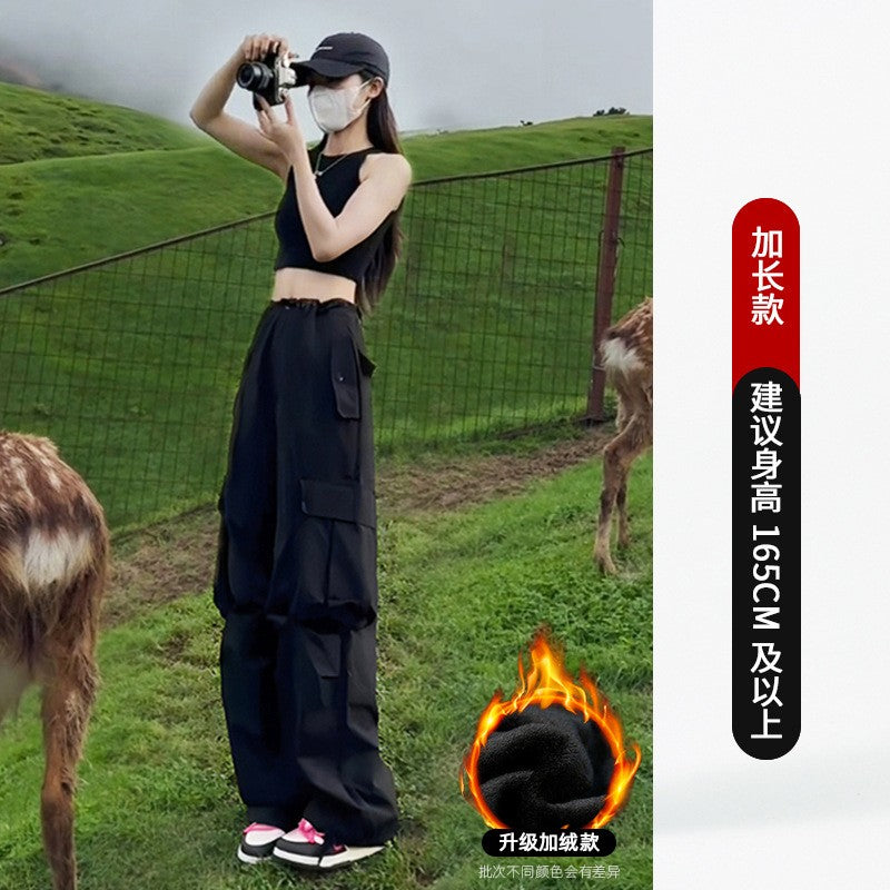 Black American Workwear Pants Women's Loose Straight Leg Casual Wide Leg Pants Cool Windbreaker Sports Pants Autumn Winter Sp...