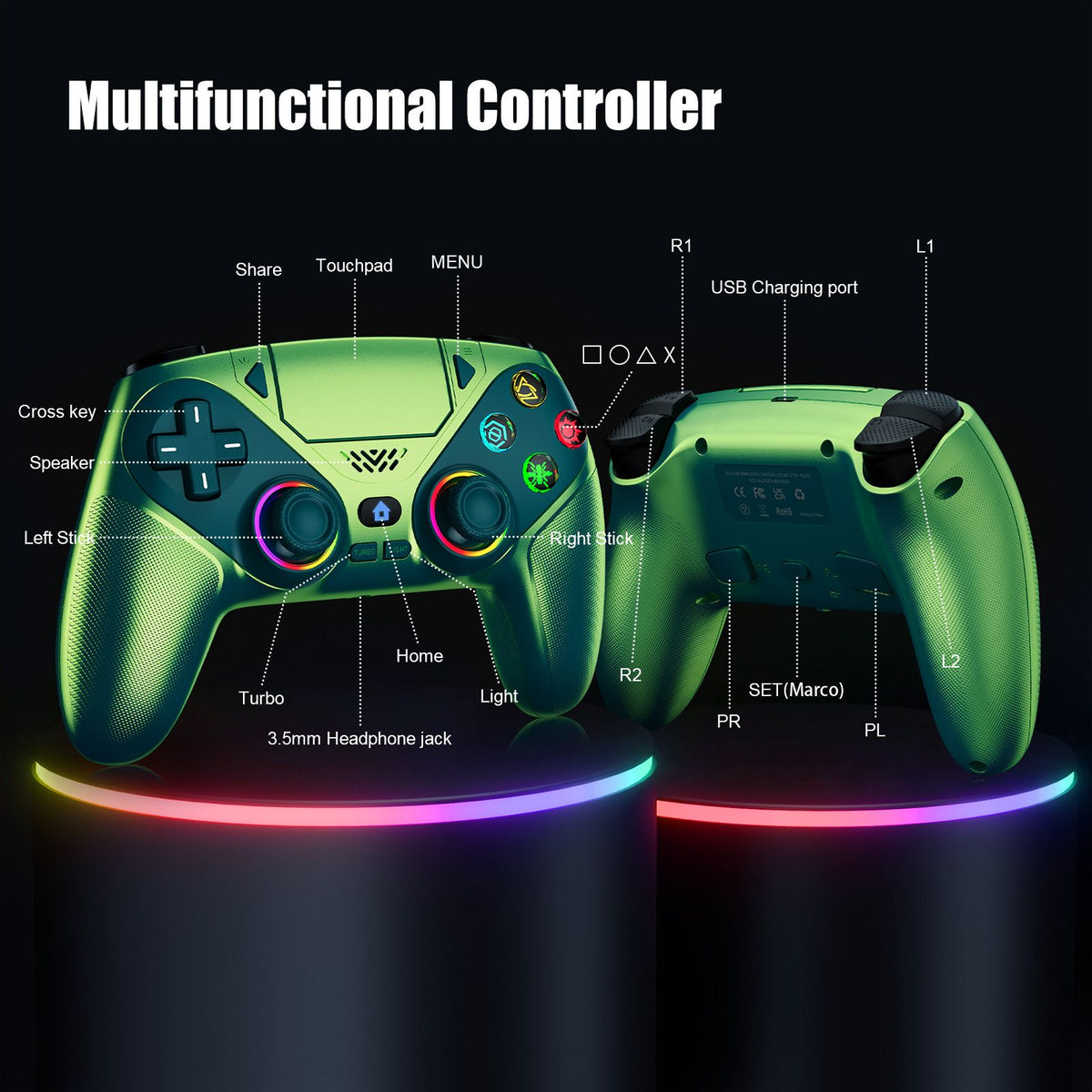 Controller For Playstation 5 PS5/PS5 Pro/Slim/PC,RGB Wireless Gamepad W/Hall Effect Trigger Marco/Turbo Anti-Drift Game Joystick
