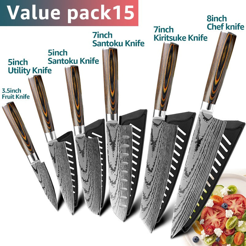 Conjunto de Facas de Cozinha 1-7PÇS Faca de Chef Japonesa Santoku 7CR17 Aço Inoxidável 440C Faca de Imitação de Damasco Cutelo de Carne Fatiador