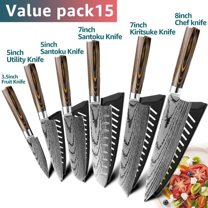 Conjunto de Facas de Cozinha 1-7PÇS Faca de Chef Japonesa Santoku 7CR17 Aço Inoxidável 440C Faca de Imitação de Damasco Cutelo de Carne Fatiador