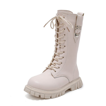 Elegant Zipper Baby Girl Casual Fashion Boots Autumn/winter Round Toe Warm Thick Sole Lace Comfortable Children's Midsole Boots