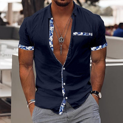Fashionable Men's Hawaiian Shirt Casual Solid Color Printed Beach Pocket Short Sleeve Large Size 5XL New Style Multi