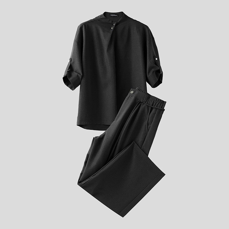 INCERUN Men Sets Solid Color Pleated Shirt & Pants Two Pieces Sets Loose Streetwear 2025 Fashion Men's Casual Suits S-5XL