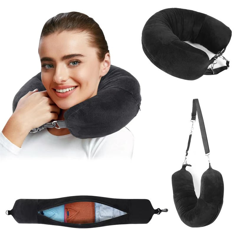 Portable Travel U-shaped Pillow Self-filling Carryable Clothing Luggage Pillowcase Solid Color Multifunctional Airplane Pillow