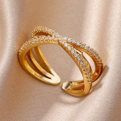 Anéis de Aço Inoxidável Banhados a Ouro com Cristal para Mulheres Corrente Geométrico Zircônia Anel de Dedo Joia Presente anillos mujer 2025 Novo e Moderno
