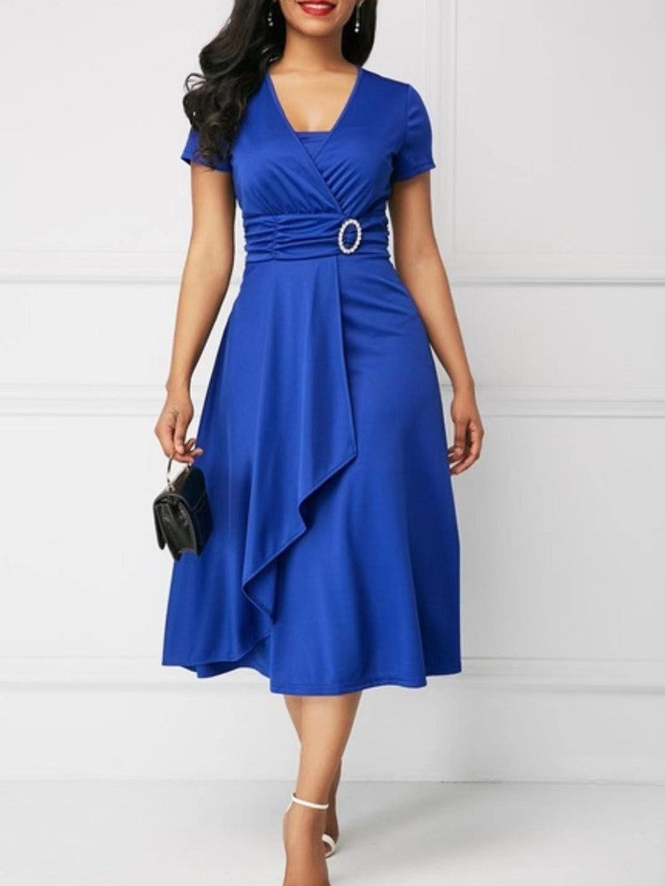 Summer Dresses Elegant Women Solid Color Short Sleeve V Neck Asymmetric Hem Wais