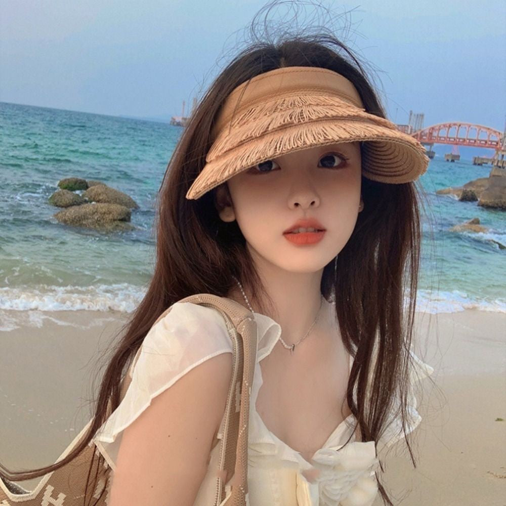 Fashion Designer Tassel Straw Hats Empty Top Summer Empty Top Sun Hat Beach UV Protection Sunshade Cap for Women