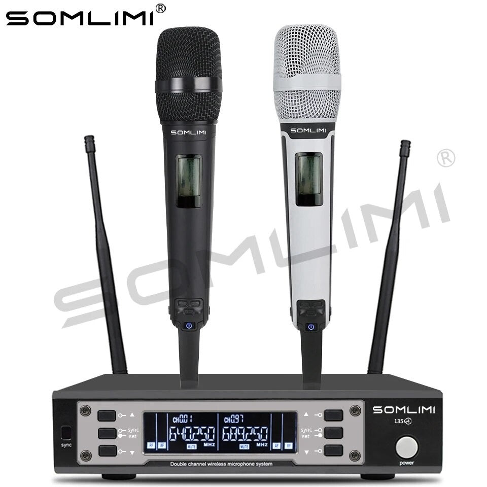 SOMLIMI EW135G4 Sistema de Microfone Sem Fio Duplo UHF Profissional para Palco Desempenho Dinâmico de Longa Distância Metal Portátil