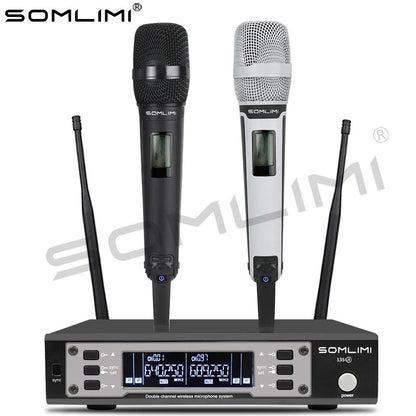 SOMLIMI EW135G4 Sistema de Microfone Sem Fio Duplo UHF Profissional para Palco Desempenho Dinâmico de Longa Distância Metal Portátil