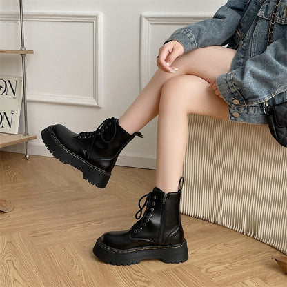 Minimalist Lace-up Women Boots 5Cm Chunky Heel Platform Women Boots British Style Thick Sole Increase Height Casual Boots