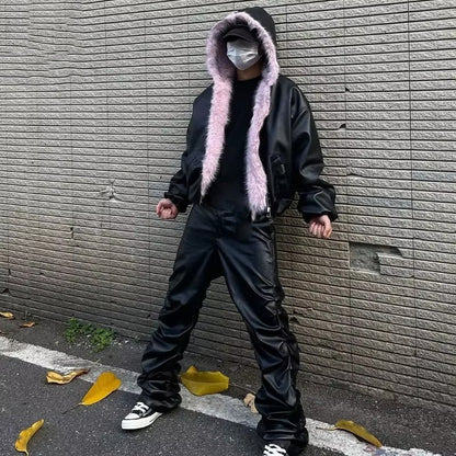 American Vintage Fur Collar Hoodie Winter Thicked Warm Cotton Cardigan Coat Y2k Street Punk Black Streetwear Jacket Fur Parkas