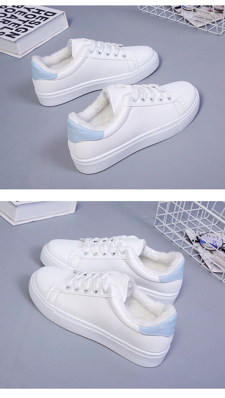 Tênis Feminino de Inverno, Quente, Pelúcia, Sola Vulcanizada, Plataforma, Algodão, Cadarço, Branco, Com Pelúcia, Casual
