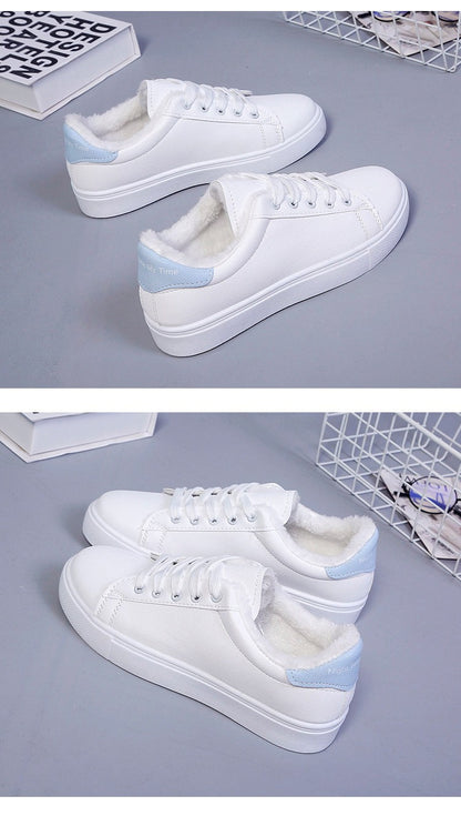 Tênis Feminino de Inverno, Quente, Pelúcia, Sola Vulcanizada, Plataforma, Algodão, Cadarço, Branco, Com Pelúcia, Casual