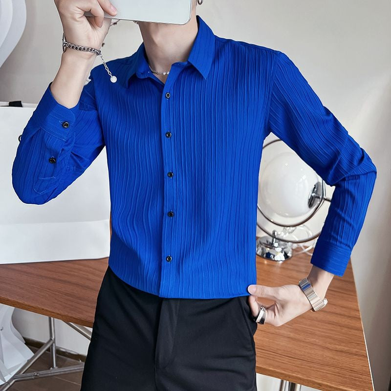 Streetwear Fashion Korean Clothing Solid Shirts Spring Autumn Men Long Sleeve Striped Lapel Single Sockets Business Casual Tops