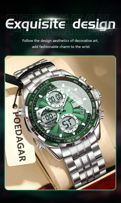 POEDAGAR Top Man Clock Waterproof Electronic LED Luxury Men's Watches Dual Time Display Digital Stainless Steel Men Quartz Watch