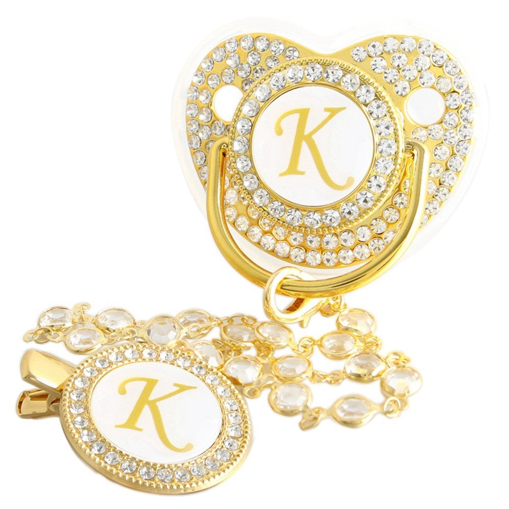 26 Initial Letters Golden Baby Pacifier With Diamond Chain Clip
