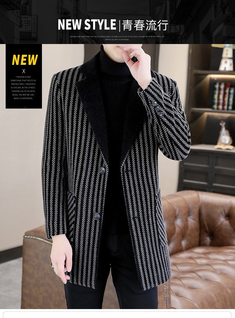 Classic Autumn Winter Men's Mid-Length Woolen Coats Casual Striped Overcoat Outwear Windbreaker Business Warm Long Jackets