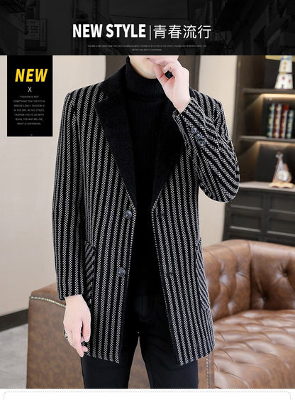 Classic Autumn Winter Men's Mid-Length Woolen Coats Casual Striped Overcoat Outwear Windbreaker Business Warm Long Jackets