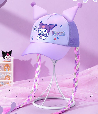 Sanrio Kuromi Baseball Cap Summer Sun Hats for Girl  Breathable Visor Hat  Kawaii Wig Braid Cute Kids Children Aged 5-10 Sunhat