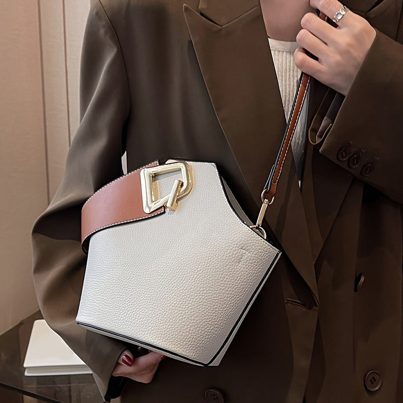 French-Inspired Elegant Beige Bucket Bag. Large Capacity, Golden Lock & Adjustable Strap. Perfect for Work, Travel & Daily Use.