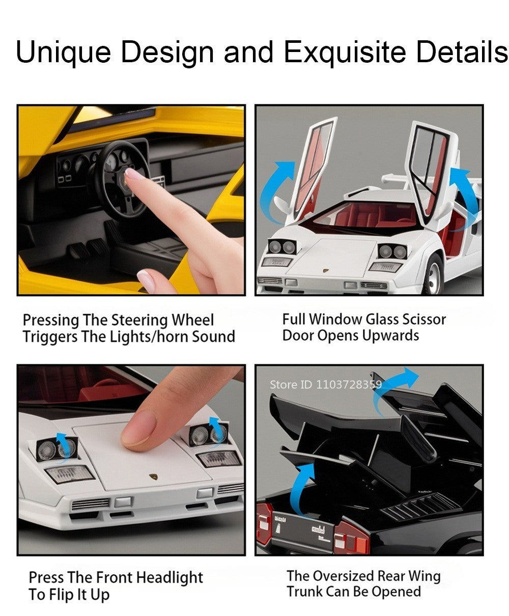1:24 Countach LP500S VENENO Miniatura de Carro Esportivo Brinquedo Liga Fundida Luz e Som Puxar para Trás Portas Abertas Coleção Supercarro