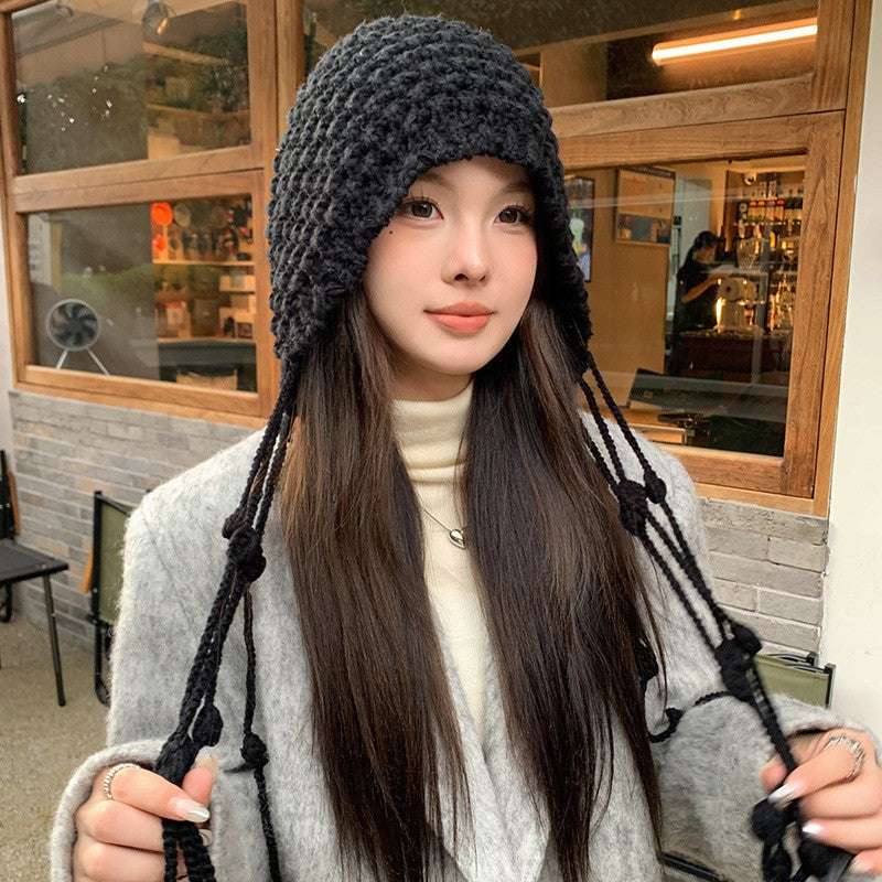 Autumn Winter Women's Hat Hand-knitted Woolen Tassel Cap Beanie Fashion Ear-protecting Cap Outdoor Warmth Headscarf Hat