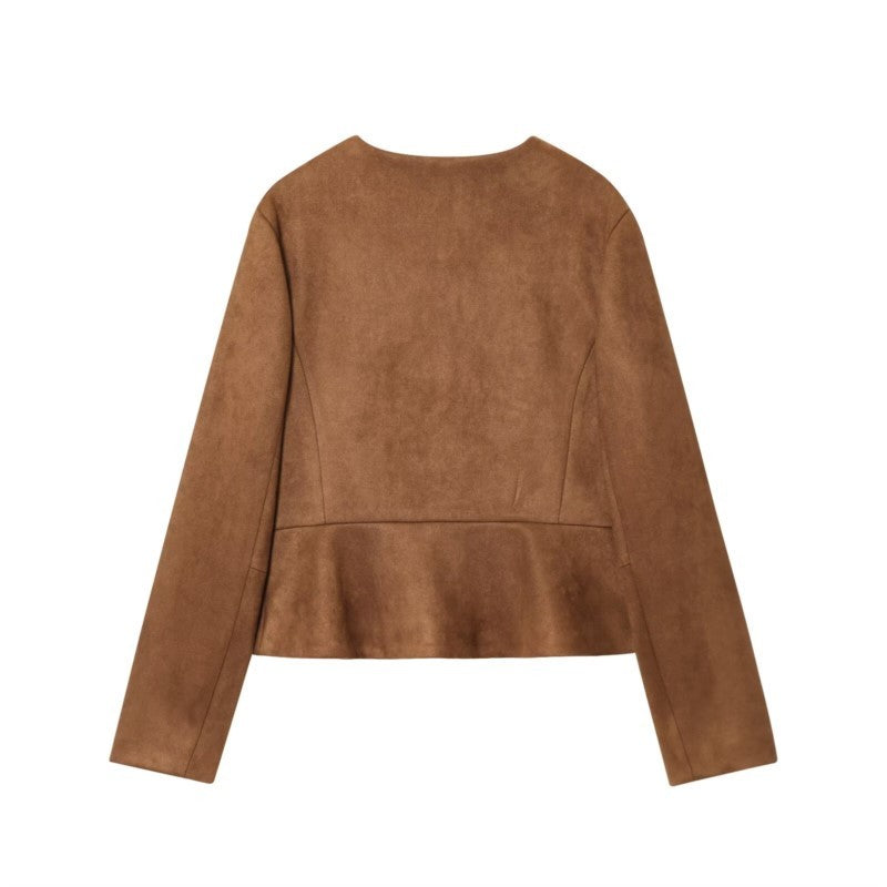 NERHEFZ Autumn Women Leather Jacket with Flared Hem Long Sleeve O Neck Button Jacket Causal Lady Coats Female Tops