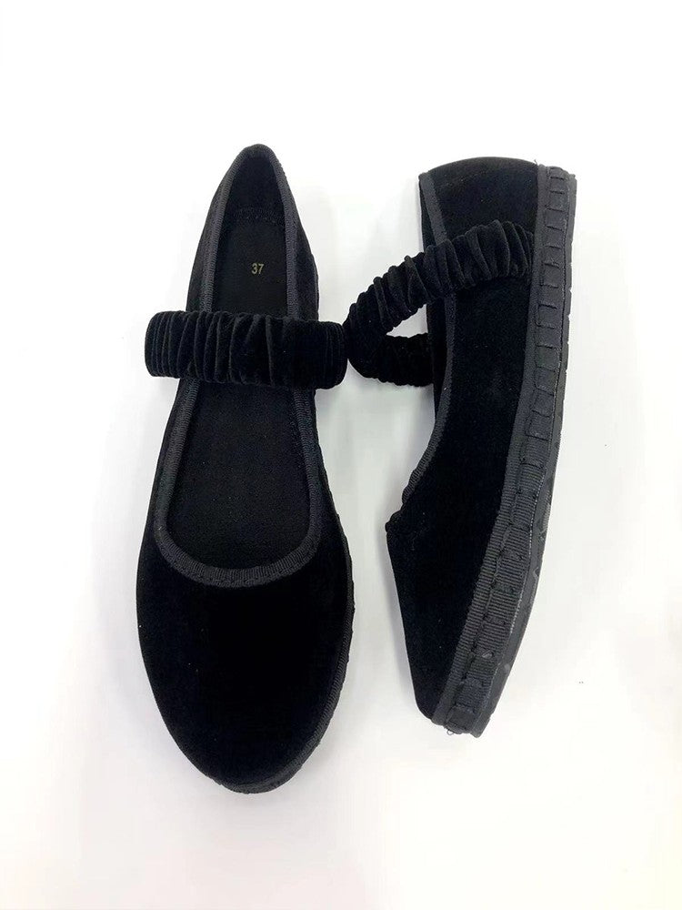 Elastic Band Velvet Mary Janes Ballet Flats Shoes Women 2024 Trend Solid Color Fabric Canvas Shoes Ladies Elegant Loafers Black