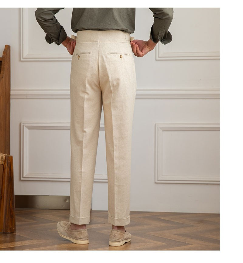 Three Gentleman Summer Naples Casual Straight Pants Men's Commuting Cotton and Linen Comfortable Breathable High Waist Pants