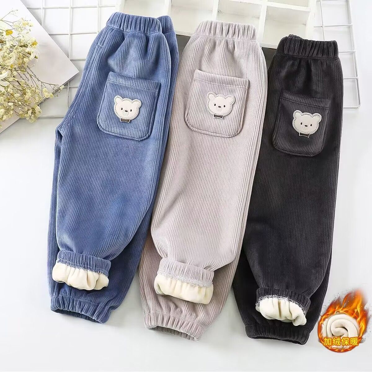 1pcs Boy Girl Winter Velvet Corduroy Kids Pants Little Bear Cartoon Mid Waist Warm Pantalones Baggy Thick Plush Children Trouser