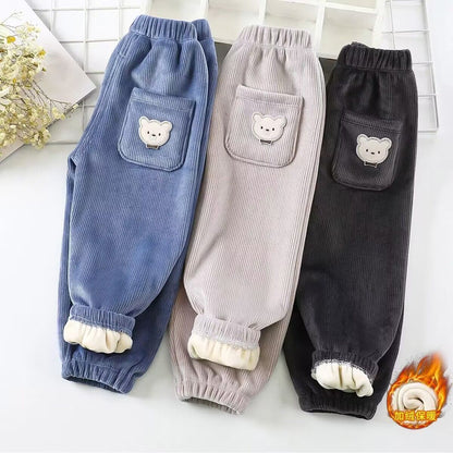1pcs Boy Girl Winter Velvet Corduroy Kids Pants Little Bear Cartoon Mid Waist Warm Pantalones Baggy Thick Plush Children Trouser