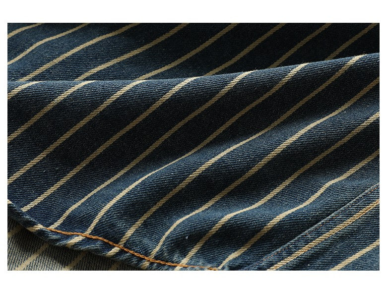 American Retro Workwear Long Sve Denim irt Loose Casual Striped ket irt Youth Trend Autumn Wear Iron Free