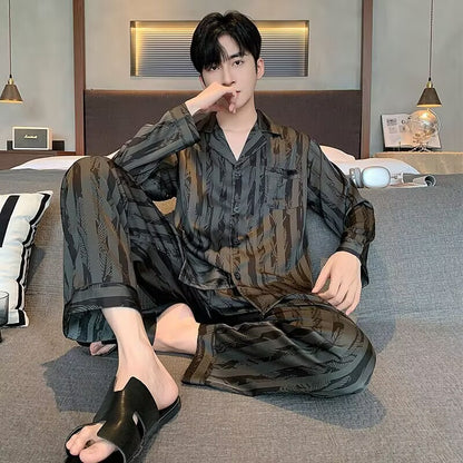 Large Size Ice Silk Men's Sleepwear 2025 New High-End V-Neck Thin Long Sleeved Two-Piece Set for Home Wear Youth Nightwear