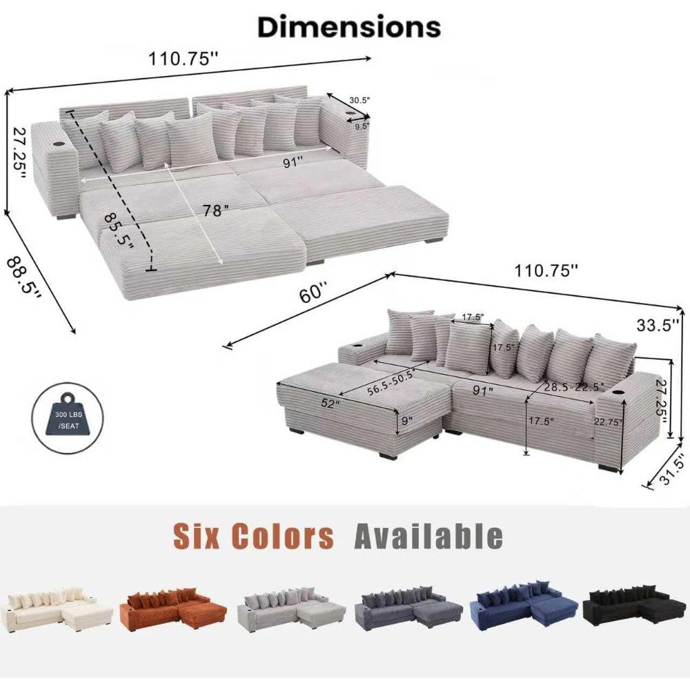 Sleeper Sofa Bed King, Corduroy Modular L Shaped Sofa, Oversized Reversible Chaise Lounge, Modern Sectional Couch with Ottoman