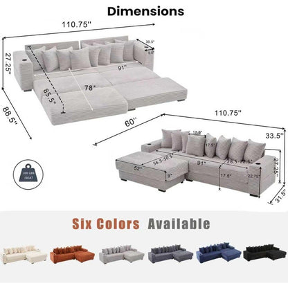 Sleeper Sofa Bed King, Corduroy Modular L Shaped Sofa, Oversized Reversible Chaise Lounge, Modern Sectional Couch with Ottoman