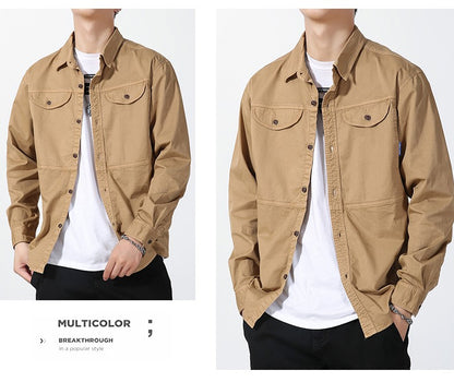 Men Slim Fit Turn-Down Collar Loose Cargo Shrit Spring Autumn Casual Wash Cotton Safari Style Jacket with Multiple Pockets Coat