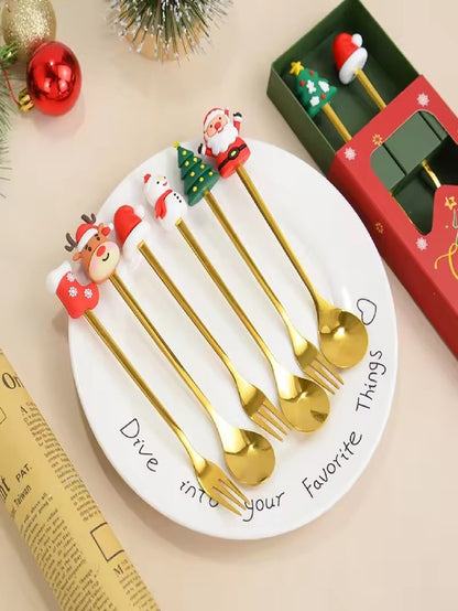 Christmas Spoon And Fork Sets Stainless Steel Tableware Coffee Tea Dessert Spoon And Fork Xmas Gifts For Guest New Year Gifts