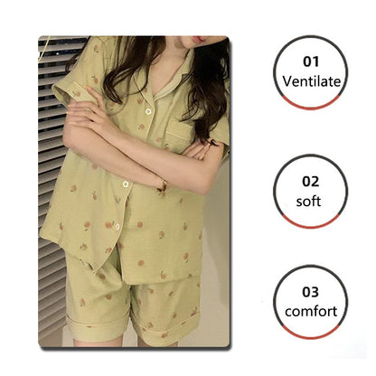 Women's Pajamas Set Foam Cotton Sleepwear Button down Tops and Shorts Pajama 2 Piece Suit Femme Nightwear Loungewear for Summer