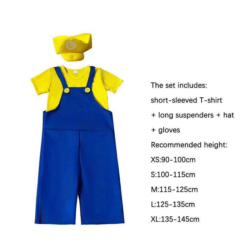 Game Super Brother Marios Luigi Bros Cosplay Costumes Short-sleeved T-shirt Overalls Suit Man Kids Carnival Halloween Costumes