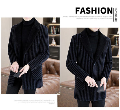Classic Autumn Winter Men's Mid-Length Woolen Coats Casual Striped Overcoat Outwear Windbreaker Business Warm Long Jackets