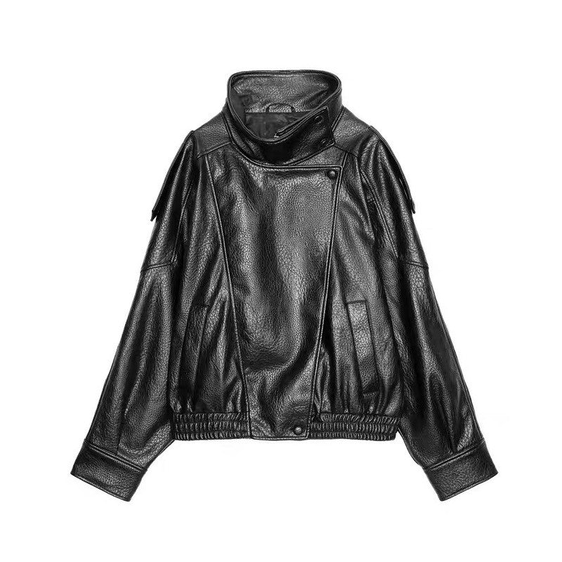 Vintage Women's Black Leather Jacket Long Sleeve Stand Collar Motorcycle Thick Coat Female 2025 Autumn Winter Lady Streetwear