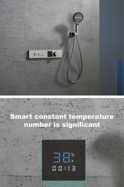 Luxury gun gray brass shower system with LED digital display design Wall mounted constant temperature 3-function bathroom faucet