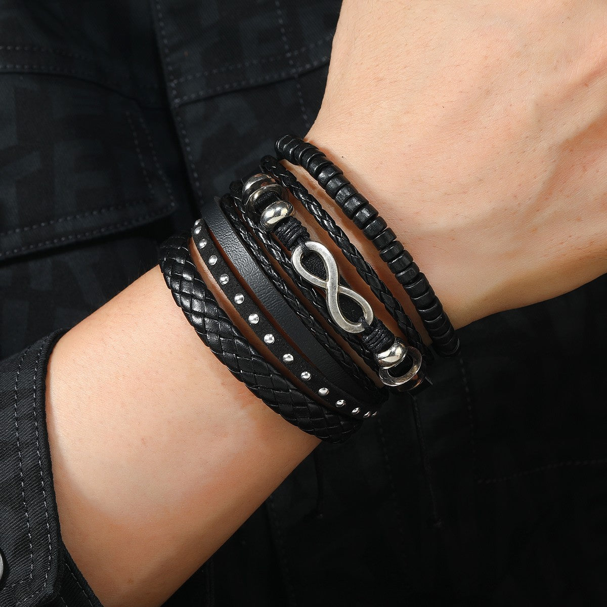 Conjunto de 4 Pulseiras Masculinas Trançadas de Couro com Fecho, Vintage Árvore da Vida Leme, Miçangas de Madeira, Étnicas Tribais, Bracelete de Corda