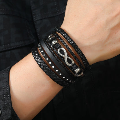 Conjunto de 4 Pulseiras Masculinas Trançadas de Couro com Fecho, Vintage Árvore da Vida Leme, Miçangas de Madeira, Étnicas Tribais, Bracelete de Corda