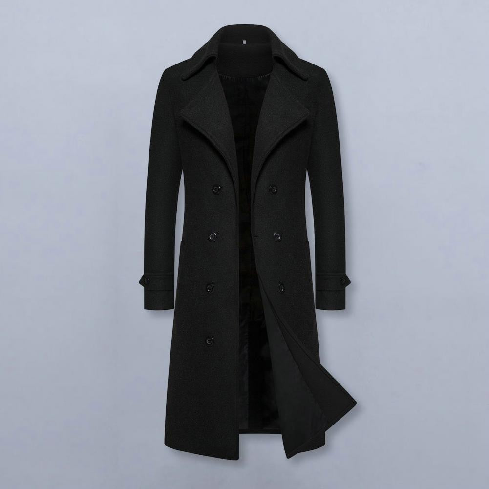 Men Overcoat Double-breasted Slim Fit Mid Length Long Sleeve Thick Windproof Warm Soft Cardigan Buttons Lapel Men Long Coat