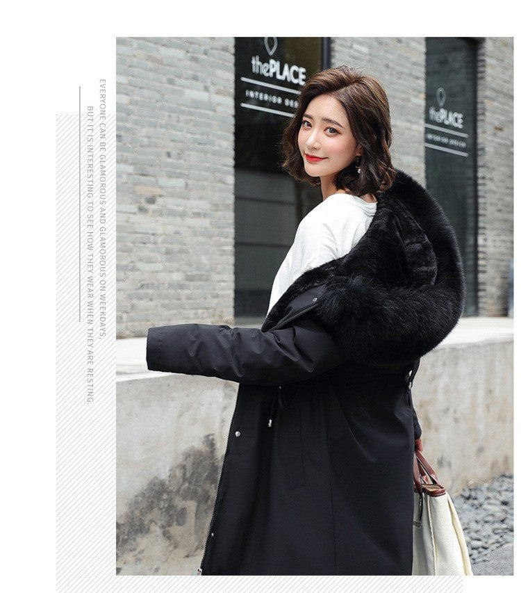 Women Winter Parka Warm Hooded Long Sleeve Zipper Thick Jackets Fur Collar Fleece Drawstring Long Coat Casual Streetwear Outwear