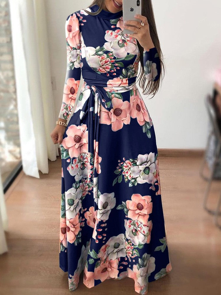 Women's Slim Dresses Casual Long Sleeve Round Neck Flower Printed Dress Strap Floor-Length Long Skirt Women's Clothing