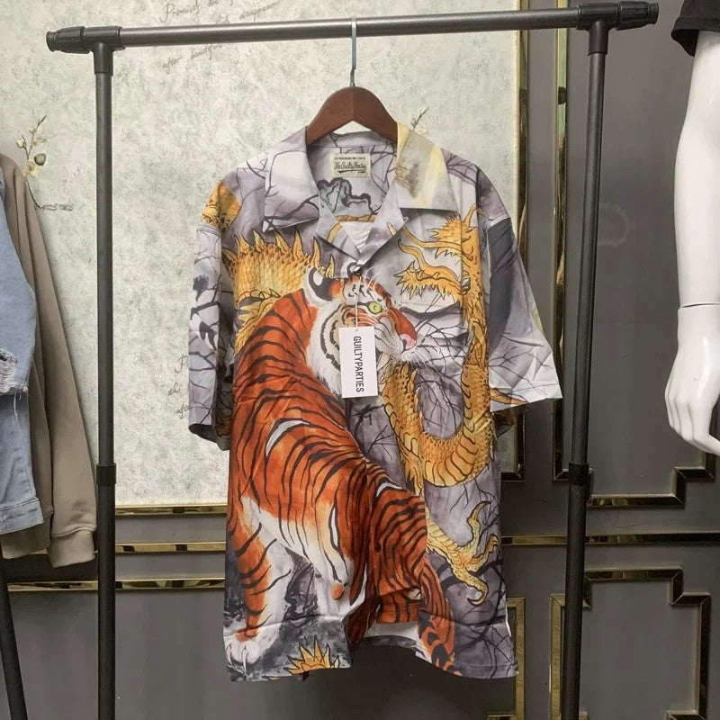 Classics Summer WACKO MARIA Shirts Full Print Leopard Rayon Short-sleeved Real Photos Hawaiian Shirt for Men Women
