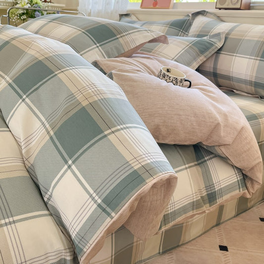 Plaid Style Duvet Cover Set 100% Cotton Bedding Set (1 Duvet Cover 2 Pillowcases),Twin/Full 140x200 200x200,Breathable, Soft